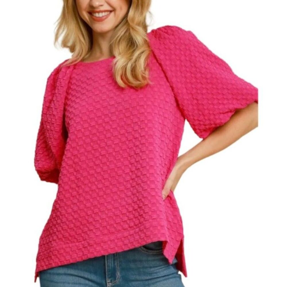 Umgee Women's NWOT Bright Pink Boxy Check Jacquard Round Neck SS Top Size M